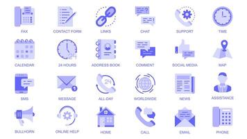 Contact us web icons set in duotone flat design. Pack pictograms with fax, contract form, links, chat, support, calendar, address book, comment, social media, call, sms, other. illustration. vector