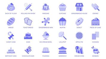 Bakery web icons set in duotone flat design. Pack pictograms with flour sack, whisk, rolling pin, cupcake, toast, bread, muffin, donut, cake, candy cane, ice cream, pie, other. illustration. vector