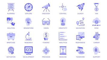 Startup web icons set in duotone flat design. Pack pictograms with planning, explore, discover, launch, win, solution, brainstorm, vision, creativity, sync, briefcase, research. illustration. vector