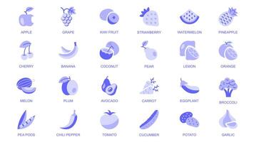 Fruit and vegetable web icons set in duotone flat design. Pack pictograms with apple, grape, kiwi, strawberry, watermelon, pineapple, cherry, banana, coconut, pear, lemon, other. illustration. vector