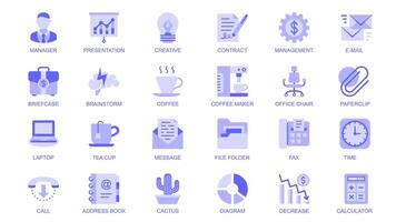 Office supplies web icons set in duotone flat design. Pack pictograms with manager, presentation, contract, email, briefcase, brainstorm, coffee maker, call, file folder, other. illustration. vector