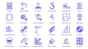 Constructions tools web icons set in duotone flat design. Pack pictograms with house, tower crane, builder, brickwork, door, cogwheel, wheelbarrow, trowel, blueprint, key, other. illustration. vector