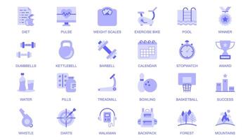 Fitness web icons set in duotone flat design. Pack pictograms with diet, pulse, weight scales, exercise bike, pool, winner, dumbbell, kettlebell, barbell, stopwatch, award, other. illustration. vector