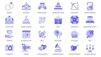 Wedding web icons set in duotone flat design. Pack pictograms with rings, church, brougham, cake, archery, invitation, bride dress, dove, gift, love hearts, marriage night, other. illustration. vector