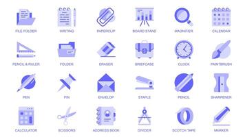 Stationery web icons set in duotone flat design. Pack pictograms with file folder, writing, paperclip, board stand, magnifier, calendar, pencil, ruler, eraser, briefcase, clock. illustration. vector