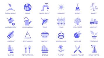 Garden flowers web icons set in duotone flat design. Pack pictograms with green sprout, seeds, sunlight, shovel, bamboo, wheelbarrow, watering can, rake, fence, fruit tree, other. illustration. vector