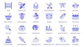 Baby elements web icons set in duotone flat design. Pack pictograms with crib, dummy teat, bib, carriage, bowknot, balloons, cereal, romper, booties, diaper, bottle, toys, other. illustration. vector