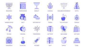 Hanukkah web icons set in duotone flat design. Pack pictograms with menorah, torah book, goblet, hamesh, gift, magen david, gelt, sufganiyot, oil pitcher, candle, olives, other. illustration. vector