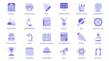 Education web icons set in duotone flat design. Pack pictograms with school bus, bell, board stand, pencil, geography, chemistry, microscope, medal, pen, study, schoolbag, other. illustration. vector