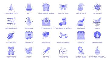 Christmas web icons set in duotone flat design. Pack pictograms with festive tree, bell, gingerbread house, bow, Santa Claus, snowflake, paper garland, snowman, stocking, other. illustration. vector