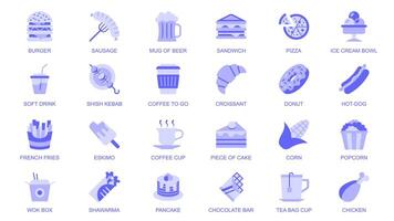 Fast food web icons set in duotone flat design. Pack pictograms with burger, sausage, beer, sandwich, pizza, ice cream, soft drink, kebab, coffee, croissant, donut, cake, other. illustration. vector