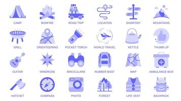 Camping web icons set in duotone flat design. Pack pictograms with camp, bonfire, road, trip, location, signpost, mountains, grill, orienteering, travel, kettle, compass, other. illustration. vector