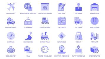Worldwide delivery web icons set in duotone flat design. Pack pictograms with air freight, shipping, online shopping, control, warehouse, container, location, destination, mail. illustration. vector