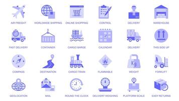 en todo el mundo entrega web íconos conjunto en duotono plano diseño. paquete pictogramas con aire transporte, envío, en línea compras, control, depósito, envase, ubicación, destino, correo. ilustración. vector