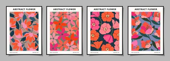 Set of abstract groovy floral posters. Trendy botanical wall art with flower design print in vibrant colors. Modern naive for interior decor, cover, card, template, banner, wallpaper and background. vector