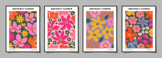 Set of abstract groovy floral posters. Trendy botanical wall art with flower design print in vibrant colors. Modern naive for interior decor, cover, card, template, banner, wallpaper and background. vector