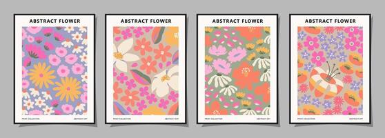 Set of abstract groovy floral posters. Trendy botanical wall art with flower design print in vibrant colors. Modern naive for interior decor, cover, card, template, banner, wallpaper and background. vector