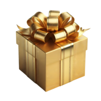 Gold gift box with golden ribbon bow on transparent background. png