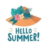 A colorful hat with flowers on it and the words Hello Summer written below it vector