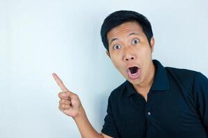 funny facial expression of asian man shocked and surprised while pointing at right side photo