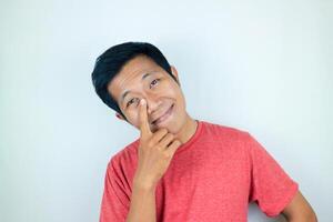 head shot happy facial expression smiling asian man looking at the camera, isolated white background photo