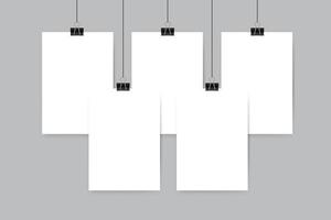 blank vertical rectangle poster template hanging on thread with paper clips on white background. vector