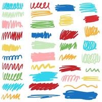 Set of colorful charcoal pencil curly lines, squiggles and shapes. Grunge pen scribbles collection. Bright color charcoal or chalk drawing vector