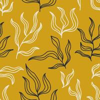 Seamless pattern with twigs and leaves outline on yellow. Hand drawn floral botanical design. Modern print for textile, fabric, wallpaper, wrapping, scrapbook and packaging vector