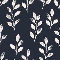Seamless pattern with branches and leaves on navy blue. Hand drawn floral botanical design. Modern print for textile, fabric, wallpaper, wrapping, scrapbook and packaging vector