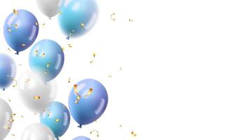 Banner for party, holiday, event, sale, birthday. Blue, silver balloons and gold confetti vector