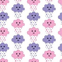 Seamless pattern with characters - cute and happy purple and pink clouds with hearts. vector