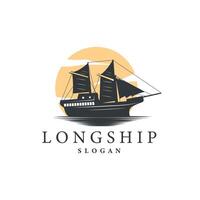 vintage viking longship warship logo traditional ocean sailboat silhouette design vector