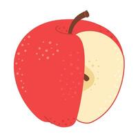 cortar rojo manzana dibujos animados icono. cruzar sección de cortar manzana, rebanadas fruta, mano dibujado de moda plano estilo aislado en blanco. sano vegetariano bocadillo, cortar manzana para diseño, infografía ilustración vector