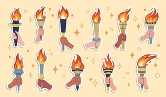 Hand holding a torch stickers set. isolated burning torches flames in hands. Symbols of relay race, Sport, competition victory, champion. Hand drawn flat design. vector