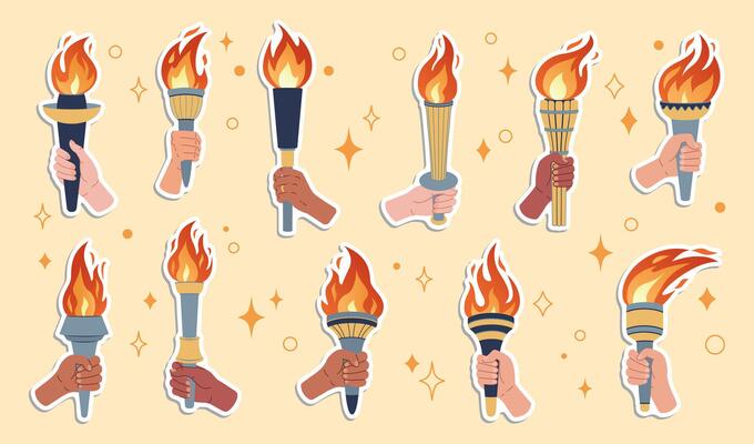 Hand holding a torch stickers set. isolated burning torches flames in hands. Symbols of relay race, Sport, competition victory, champion. Hand drawn flat design.