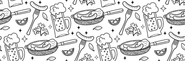 Frying pan with sausages and potatoes outline seamless pattern. Beer snacks, sausage on fork. Fried meat dishes. Background for cafes, bars, menu, recipe. Kitchenware and Cookware. illustration vector