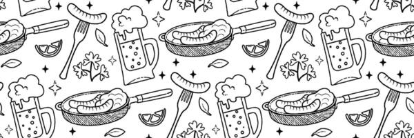 Frying pan with sausages and potatoes outline seamless pattern. Beer snacks, sausage on fork. Fried meat dishes. Background for cafes, bars, menu, recipe. Kitchenware and Cookware. illustration vector