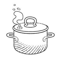 grande pan con tapa y vapor icono. batería de cocina ilustración aislado en blanco antecedentes. contorno web Cocinando icono. mano dibujado Cocinando proceso ilustración. vector