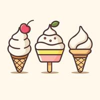 Three ice creams in kawaii style. A smiling vanilla cone with sprinkles, a cheerful chocolate sundae with a cherry, and a cute strawberry popsicle. vector