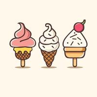 Three ice creams in kawaii style. A smiling vanilla cone with sprinkles, a cheerful chocolate sundae with a cherry, and a cute strawberry popsicle. vector