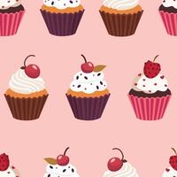 Pattern design of cupcakes with berries. A chocolate cupcake with a cherry, a vanilla cupcake topped with a berry, and a strawberry cupcake adorned with a strawberry slice and hearts. vector