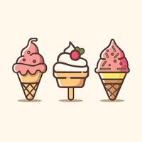 Three ice creams in kawaii style. A smiling vanilla cone with sprinkles, a cheerful chocolate sundae with a cherry, and a cute strawberry popsicle. vector