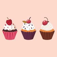 Three cupcakes with berries. A chocolate cupcake with a cherry, a vanilla cupcake topped with a berry, and a strawberry cupcake adorned with a single strawberry slice and hearts. vector