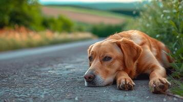 Dog is waiting for the owner on the way. Labrador retriever dog is lying on the ground on a path outside in nature. photo