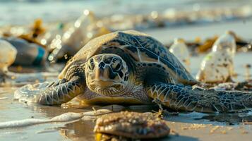 A sea turtle crawls along a polluted beach to the water. Sea turtle on the sandy beach moving towards the ocean after spawn. The concept of nature protection. photo