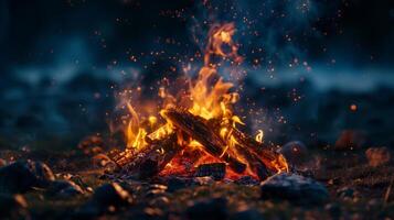 Burning wood at night. Campfire at touristic camp at nature in mountains. Flame and fire sparks on dark abstract background. Cooking barbecue outdoor. Hellish fire element. photo