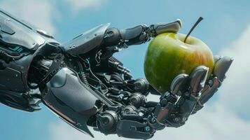 Closeup of real robot's hand with green apple on blue sky background. Concept of Artificial intelligence development and robotic process automation. photo