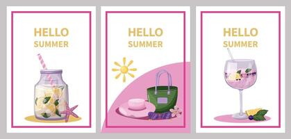 Set of summer flyers for summer sale, beach holidays, cocktail or beach party concept. Cocktail, lemonade, beach bag, hat, sunglasses, pink flower, Starfish. A4 hand drawn illustration. Poster vector