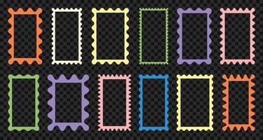 Color squiggle frames set. Zigzag wavy edges, retro scallop frames, psychedelic rectangles, photo frames, text boxes, tags, labels. groovy shapes set. Wave and curvy borders. vector