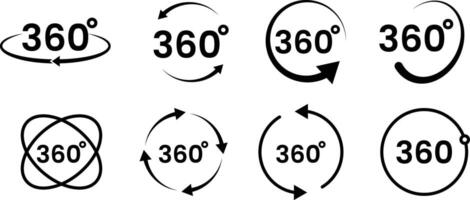 Set of 360 degree views of circle icon. Round signs with arrows rotation to 360 degrees. Signs with arrows to indicate the rotation. vector